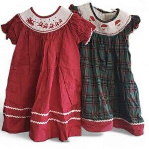 Girls' Red & Green Holiday Smocked Dress Set - Festive Special Occasion Dresses
